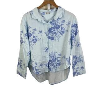 Free People Intimately Floral Pajama Button Down Shirt Cotton Blue L/XL
